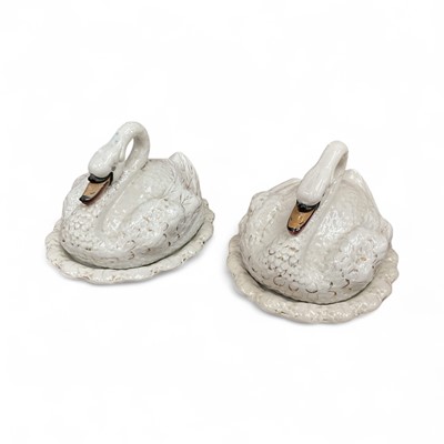 Lot 26 - Unusual pair of Staffordshire swan dish and covers