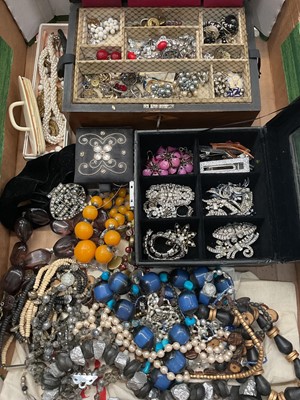 Lot 946 - Group of vintage costume jewellery including various bead necklaces, paste set jewellery, wooden jewellery box and other bijouterie
