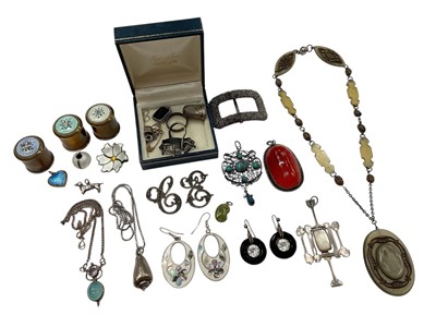 Lot 948 - Group of vintage jewellery including a Norwegian silver and enamel brooch signed Edelmetall, three enamelled brass bottle tops, silver pendants and other bijouterie