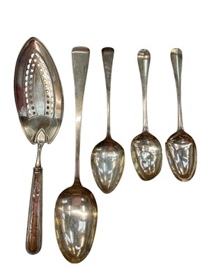 Lot 955 - Group of Georgian silver flatware to include three tablespoons, a serving spoon and a fish slice (5)