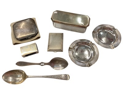 Lot 956 - Group of silver items to include pair of 1930s ashtrays, matchbox holder, compact, cigarette case, spoons and a silver mounted glass box