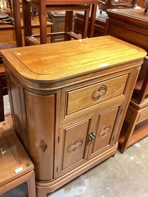 Lot 1441 - Chinese Harwood bow fronted cocktail cabinet with rising lid and fitted interior and various cupboards