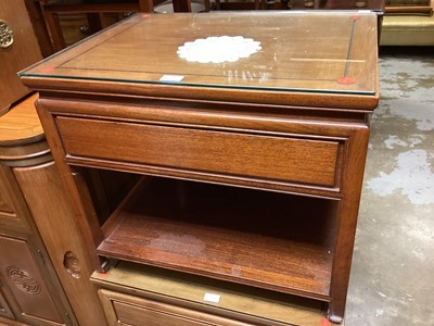 Lot 1442 - Pair Chinese hardwood two tier side tables each with side drawer and glass top