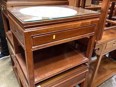 Lot 1443 - Pair Chinese hardwood side tables each with drawer and glass top