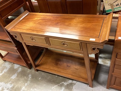 Lot 1446 - Chinese hardwood alter table with two drawers and undertier 105cm wide, 79cm high, 40.5cm deep