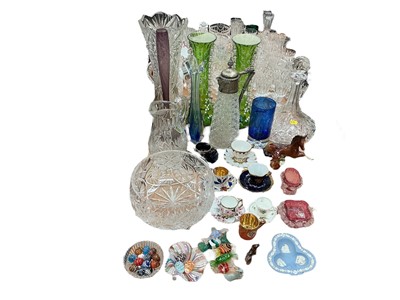 Lot 484 - Group of ornaments to include Victorian glass vases with Lilly of the valley decoration, Victorian cut glass claret jug with silver plated mounts