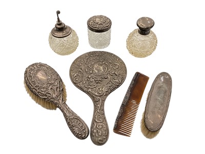 Lot 1019 - Group of silver mounted dressing table items to include brushes, hand mirror and scent bottles