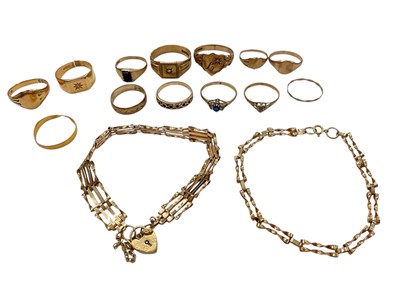 Lot 1010 - Group of gold jewellery to include a 22ct gold wedding ring, two 18ct gold signet rings, ten 9ct gold rings and two 9ct gold bracelets