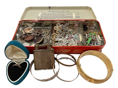 Lot 1011 - Small group of vintage costume jewellery, two silver bangles, Dunhill lighter, fobs and badges