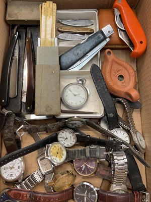 Lot 1018 - Group of assorted wristwatches, penknives, vintage cut throat razors etc