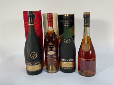 Lot 64 - Four bottles of Cognac, Remy Martin V.S.O.P (x2 1 litre), Maxime Trijol V.S.O.P Grande Champgane Cognac and Marnier-Lapostolle XO cognac
