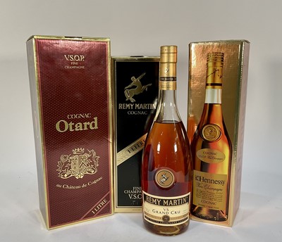 Lot 65 - Four bottles of Cognac, Remy Martin V.S.O.P, Remy Martin V.S Grand Cru, Hennessy V.S.O.P and Otard V.S.O.P, three boxed
