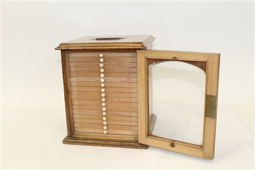 Lot 3585 - Wooden microscope slide cabinet with central...