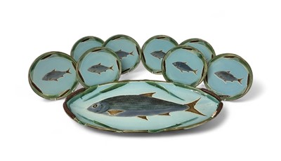 Lot 293 - Victorian Holdcroft majolica fish service comprising serving plate and eight plates (9)