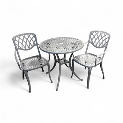 Lot 1453 - Metal circular patio table with two matching chairs