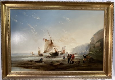 Lot 148 - English School, 19th century, oil on canvas - Fisherfolk on the Shore, in gilt frame