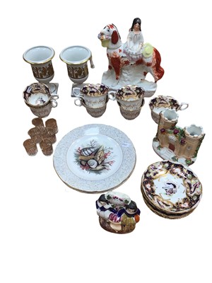 Lot 5045 - Regency teaware decorated with floral borders on blue and gilt ground, pair of classical urns, three Staffordshire figures and a set of six 19th century gilt decorated glasses