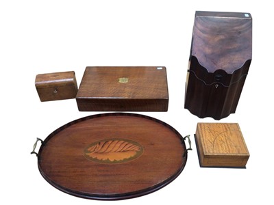 Lot 5046 - Georgian mahogany knife box, Edwardian inlaid oval tray, cutlery box and two other boxes