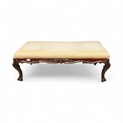 Lot 1454 - Victorian carved rosewood foot stool with upholstered seat on cabriole legs, 110cm x 47cm x 39cm high