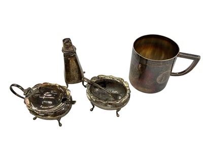 Lot 969 - Chinese silver cup, together with a Chinese silver three piece condiment set with two white metal salt spoons