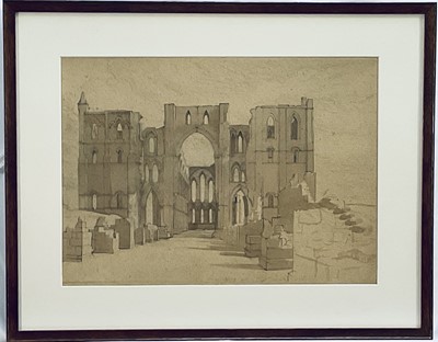 Lot 143 - Ursula Macdonald (b. 1903) monochrome watercolour sketch, Rievaulx Abbey, 25cm x 34cm, glazed frame