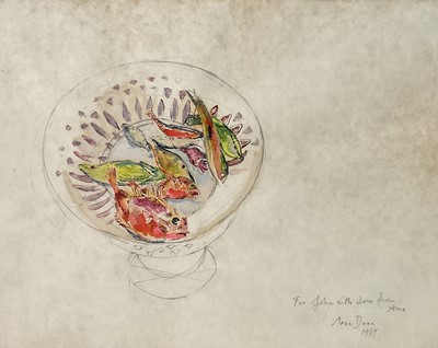 Lot 97 - Anne Dunn (b. 1929), mixed media - fish platter, together with a related exhibition poster. (2)