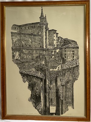 Lot 168 - R. Bucci, woodcut, Veduta d'Urbino, 1971, pencil signed and inscribed xilografia, 94cm x 68cm, maple veneered glazed frame