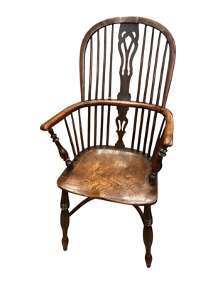 Lot 1280 - George III yew wood and elm armchair with half hoop stretcher beneath