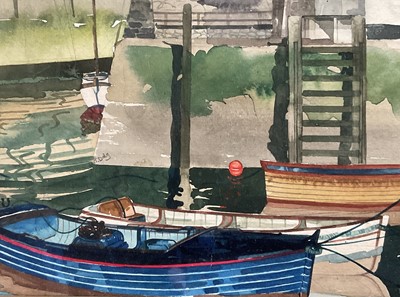 Lot 79 - T. Daly, watercolour, Boats and Harbour, 1930s, signed in pencil, 34cm x 26cm, glazed frame