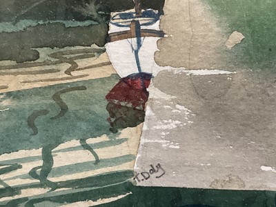 Lot 79 - T. Daly, watercolour, Boats and Harbour, 1930s, signed in pencil, 34cm x 26cm, glazed frame