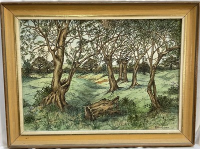 Lot 121 - Joyce Hughes, 20th century, pen ink and wash, Willows at Suckley (near Worcester), signed, 25cm x 36cm, glazed frame