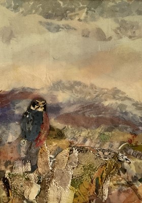 Lot 77 - Hope Hunt, fabric collage, Sparrowhawk, 1979, 35cm x 25cm, glazed frame