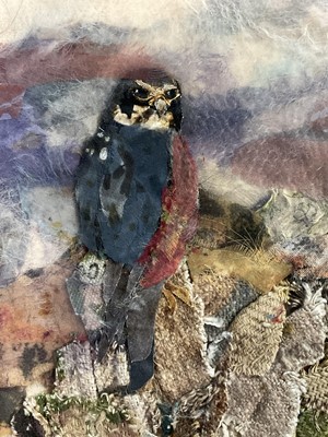 Lot 77 - Hope Hunt, fabric collage, Sparrowhawk, 1979, 35cm x 25cm, glazed frame