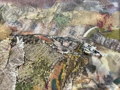 Lot 77 - Hope Hunt, fabric collage, Sparrowhawk, 1979, 35cm x 25cm, glazed frame