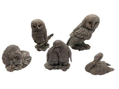 Lot 973 - Group of five contemporary filled silver animal and bird ornaments to include two owls, a swan, a hedgehog and penguins