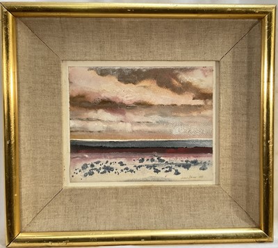 Lot 120 - James Spence (b.1944) mixed media, Autumn Shore, 1989, signed, artists label and dedication verso, 17cm x 21cm, glazed gilt frame