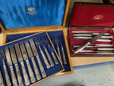 Lot 63 - Group of plated flatware, including a cased set of Christofle knives, canteen of Mappin & Webb thread and shell pattern cutlery, etc