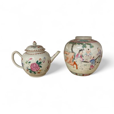 Lot 64 - 18th century Chinese famille rose porcelain teapot, painted with flowers, together with an early 20th century Chinese famille rose porcelain jar (2)