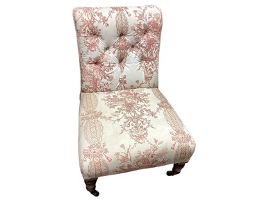 Lot 1475 - Victorian button back nursing chair, together with mahogany bedroom chair and another chair with pierced splat back (3)