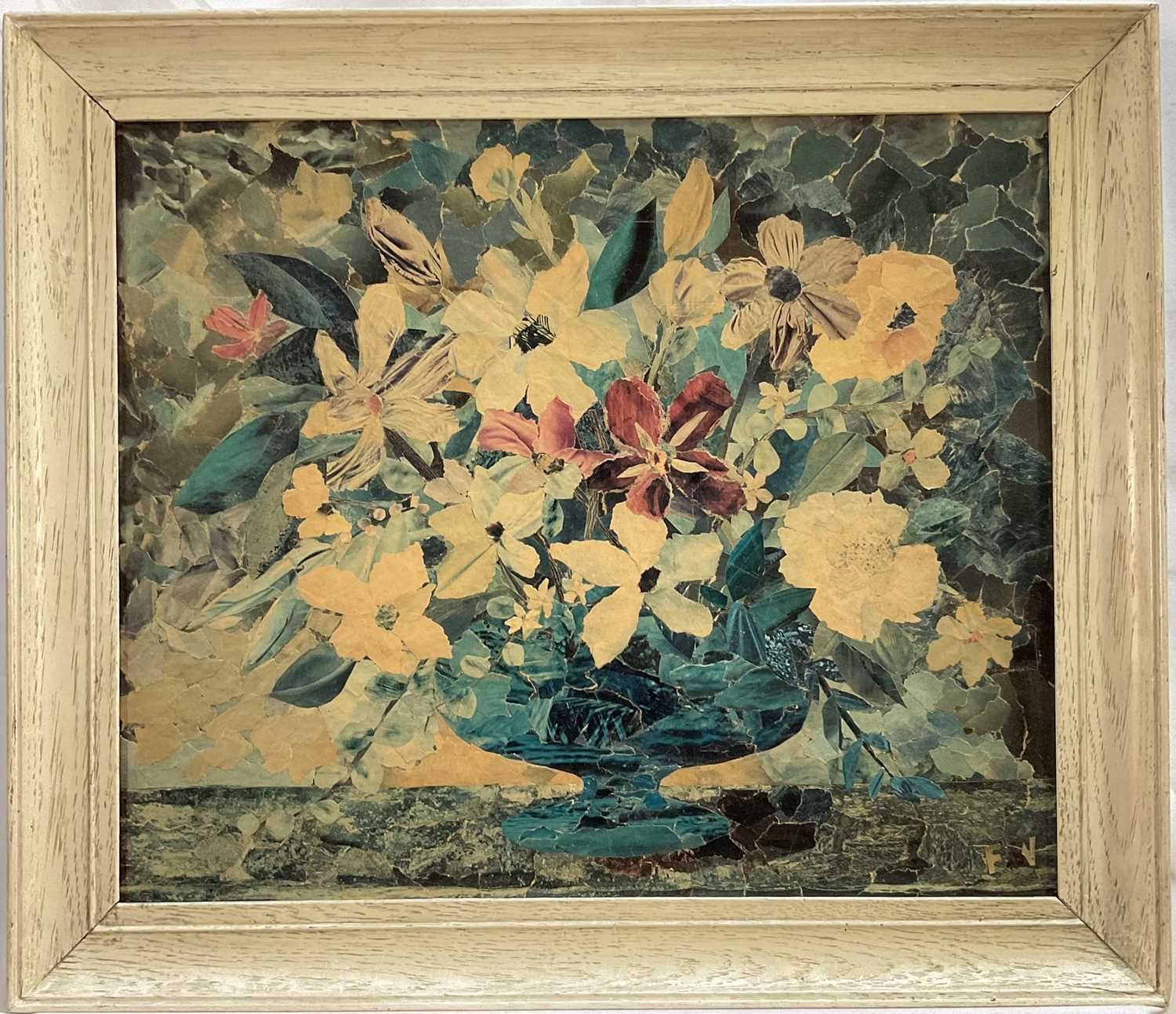 Lot 80 - F. Washbrook, paper collage,Vase of Flowers, signed with initials, dated 1978 verso, 36cm x 42cm, framed