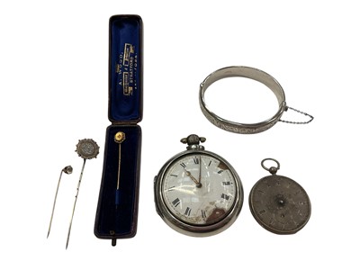 Lot 986 - Georgian silver pair cased pocket watch (London 1818), white metal fob watch, 1950s silver bangle and three stick pins