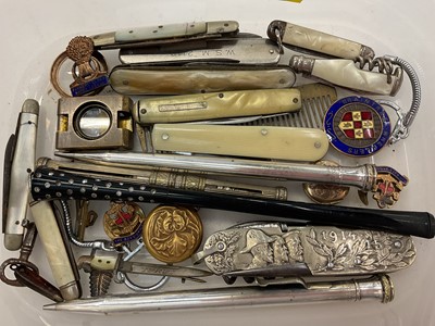 Lot 339 - Group of various penknives, silver plated pens, vintage paste set cheroot holder, antique fleam by Long, Holborn London and other items