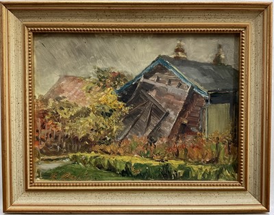 Lot 165 - George Compton, oil on board, Shenfield Cottage Garden with Fig Tree and Beach Hut, 1950s, signed, inscribed verso, 18cm x 25cm, framed
