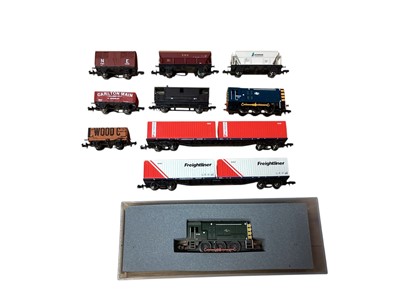 Lot 1799 - Grafar N Gauge BR green Class 08 Shunter D4192 & BR blue Class 08 Shunter 08748, with rolling stock, all loose (qty)
