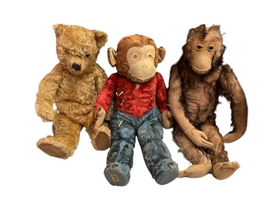 Lot 1942 - 1950s mohair bear, Merrythought monkey and a long haired monkey with felt face, hands and feet, possibly Steiff