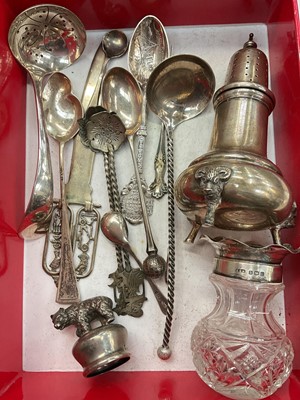 Lot 988 - Group of silver and white metal items to include various spoons, sterling castor, silver mounted glass vase etc