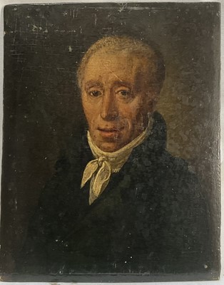 Lot 1108 - Runst Schilder, 18th century oil on oak panel of Dr. Schults, inscribed verso, unframed. 18 x 14cm.