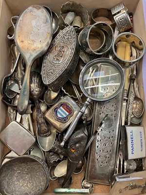 Lot 341 - Group of plated ware including a duck's head letter clip, enamelled vesta case, trinket box, flatware etc