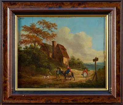 Lot 1115 - English School, early 19th century, pair of oils on oak panels, rustic figures and animals outside the Bell Inn, and travellers, a dog and a donkey on a country track