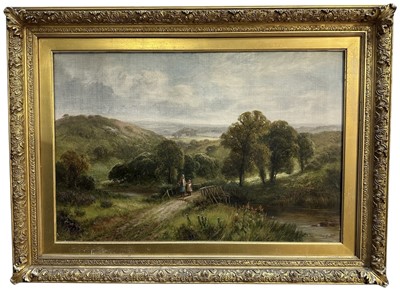 Lot 1110 - Frederick Carlton act. 1895-1899, oil on canvas, extensive country scene with children on a bridge over a stream in the foreground, signed, in original gilt frame. 50 x 75cm.                    ...